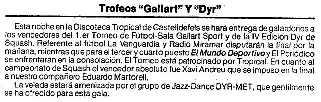 Noticia sobre una entrega de premios deportivos en la Discoteca Tropical de Gav� Mar publicada en el diario EL MUNDO DEPORTIVO (19 de Diciembre de 1986)